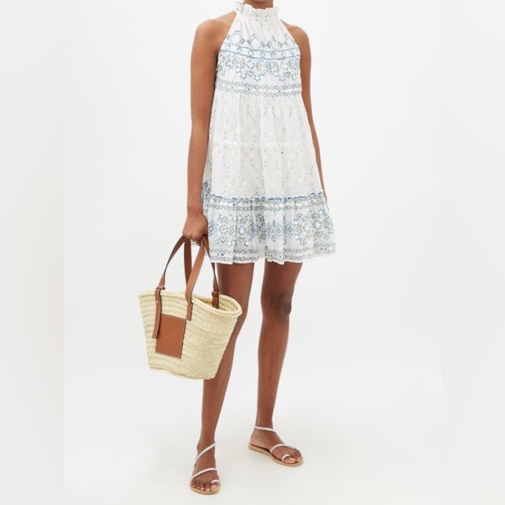 Juliet Dunn Mosaic-print Embroidered Cotton Dress - White Blue Size L